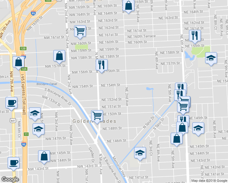 map of restaurants, bars, coffee shops, grocery stores, and more near 15300 Northeast 1st Court in Miami