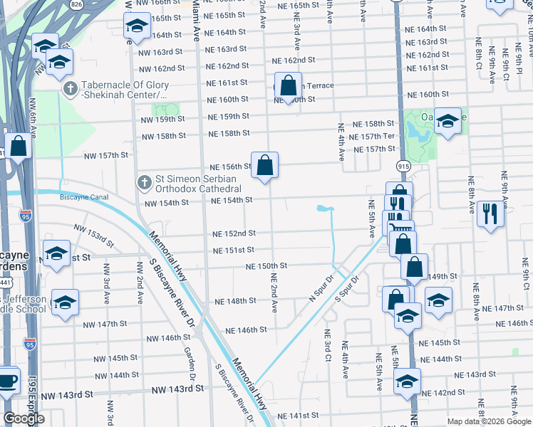 map of restaurants, bars, coffee shops, grocery stores, and more near 15250 Northeast 2nd Avenue in Miami