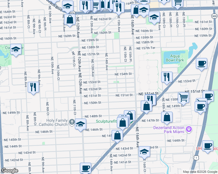 map of restaurants, bars, coffee shops, grocery stores, and more near 1381 Northeast 152nd Street in North Miami Beach