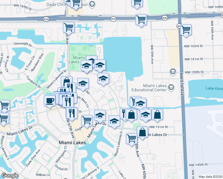 map of restaurants, bars, coffee shops, grocery stores, and more near 15509 Miami Lakeway North in Hialeah