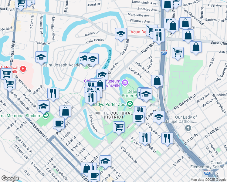 map of restaurants, bars, coffee shops, grocery stores, and more near 85 East Ringgold Street in Brownsville