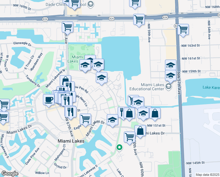 map of restaurants, bars, coffee shops, grocery stores, and more near 15509 Miami Lakeway North in Hialeah