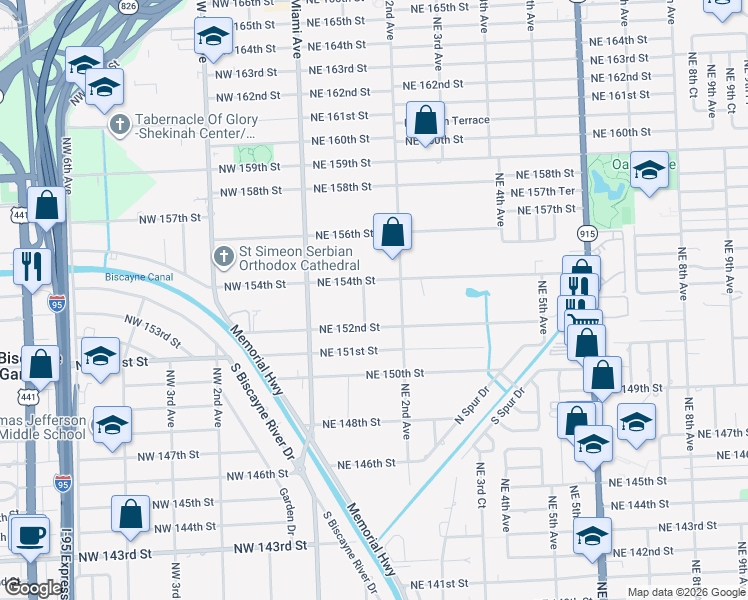 map of restaurants, bars, coffee shops, grocery stores, and more near 15300 Northeast 1st Court in Miami