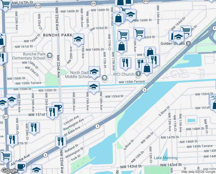 map of restaurants, bars, coffee shops, grocery stores, and more near 1731 Northwest 155th Street in Miami Gardens