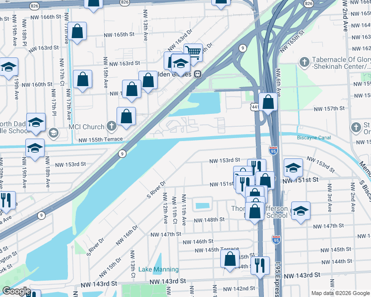 map of restaurants, bars, coffee shops, grocery stores, and more near 15340S South River Drive in Miami