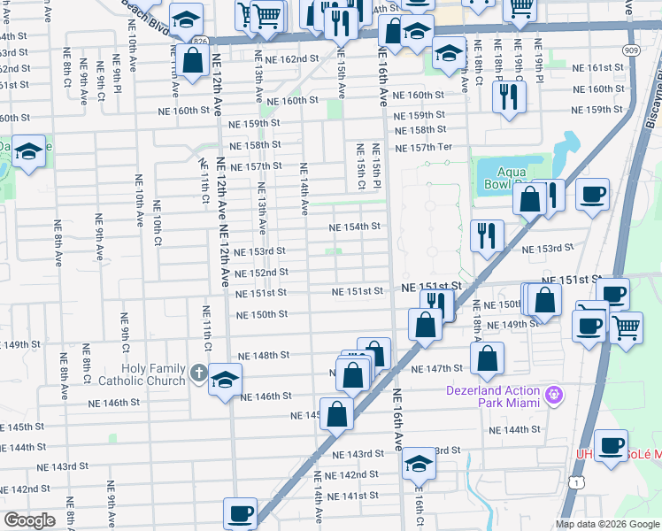 map of restaurants, bars, coffee shops, grocery stores, and more near 1481 Northeast 152nd Street in North Miami Beach