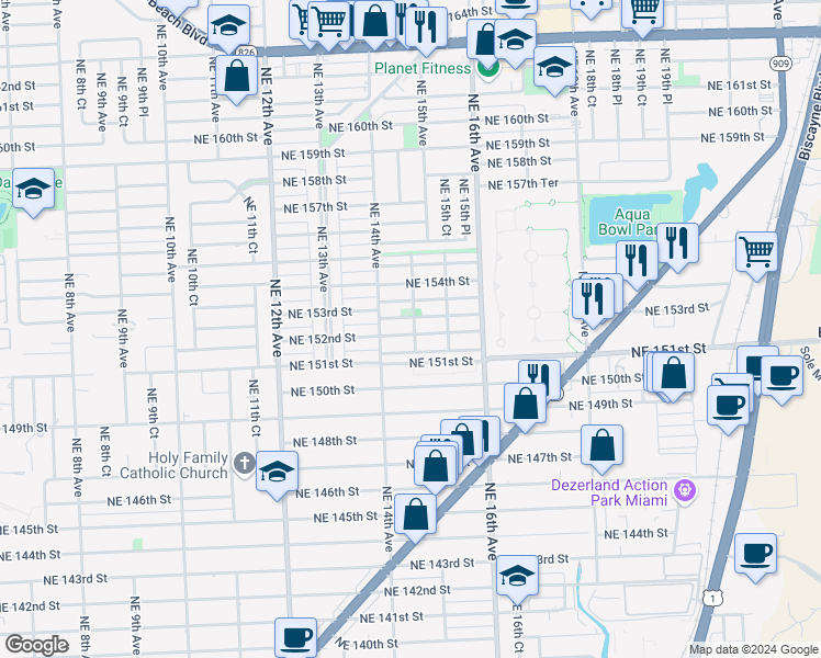 map of restaurants, bars, coffee shops, grocery stores, and more near 1457 Northeast 152nd Street in North Miami Beach