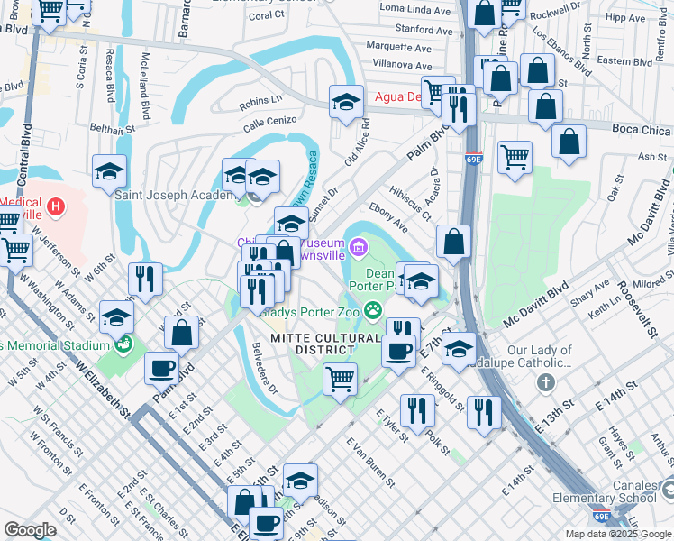map of restaurants, bars, coffee shops, grocery stores, and more near 85 East Ringgold Street in Brownsville