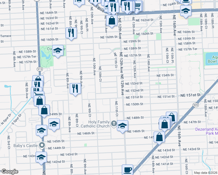 map of restaurants, bars, coffee shops, grocery stores, and more near 1050 Northeast 152nd Terrace in North Miami Beach