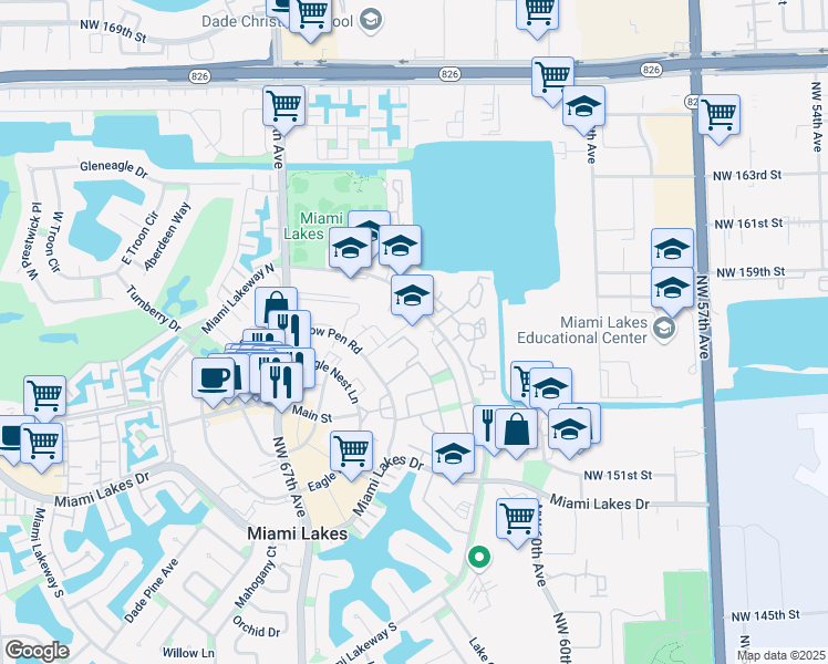 map of restaurants, bars, coffee shops, grocery stores, and more near 15650 Miami Lakeway North in Miami Lakes