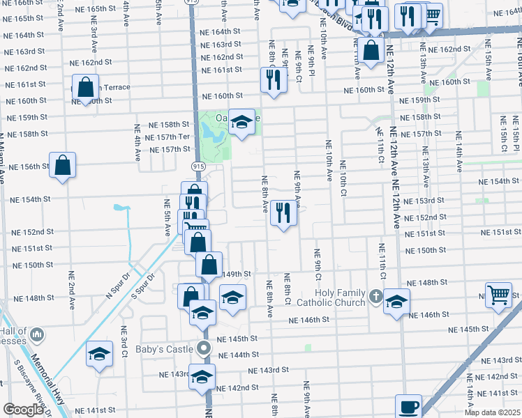 map of restaurants, bars, coffee shops, grocery stores, and more near 15250 Northeast 8th Avenue in Miami