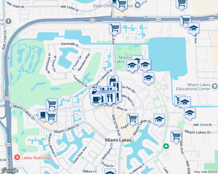 map of restaurants, bars, coffee shops, grocery stores, and more near 15760 Bull Run Road in Miami Lakes