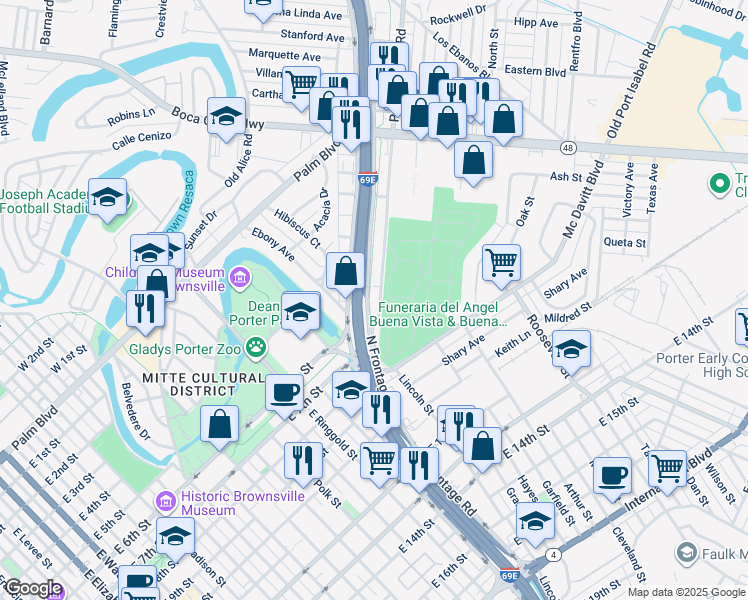 map of restaurants, bars, coffee shops, grocery stores, and more near 1356 South Expressway 83 in Brownsville