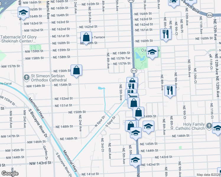 map of restaurants, bars, coffee shops, grocery stores, and more near 420 Northeast 154th Street in Miami