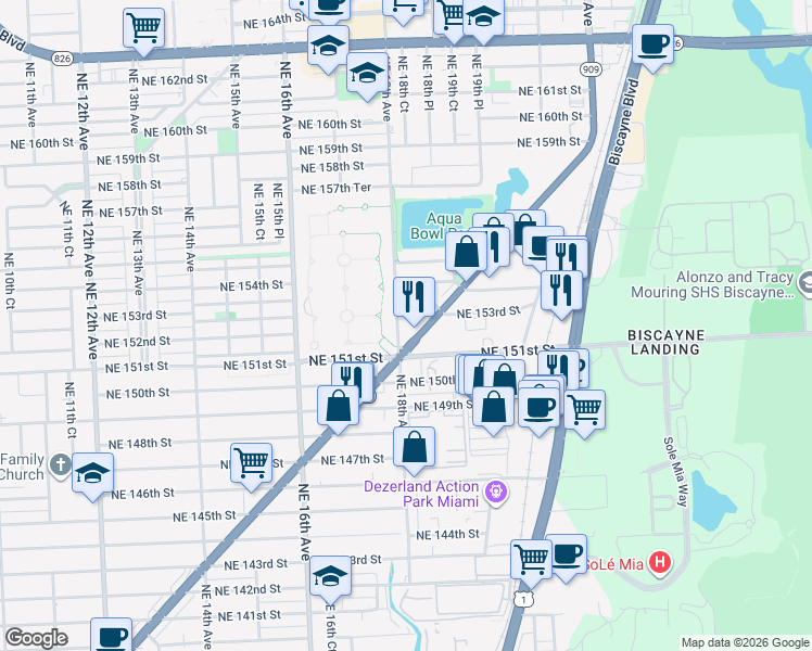 map of restaurants, bars, coffee shops, grocery stores, and more near 15110 West Dixie Highway in North Miami Beach