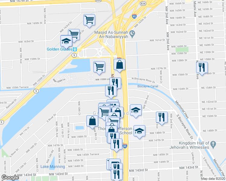 map of restaurants, bars, coffee shops, grocery stores, and more near 15440 Northwest 7th Avenue in Miami