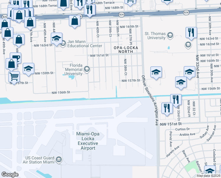map of restaurants, bars, coffee shops, grocery stores, and more near 15595 Northwest 39th Place in Opa-locka