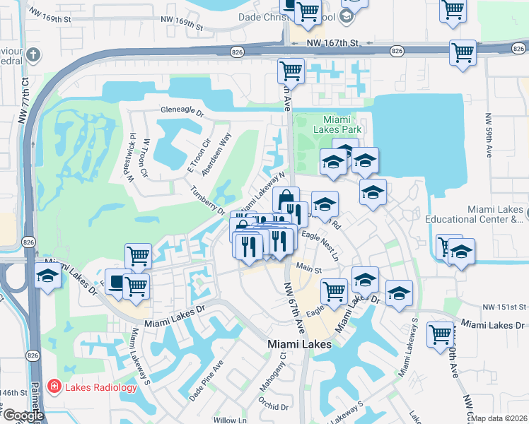 map of restaurants, bars, coffee shops, grocery stores, and more near 15610 Bull Run Road in Miami Lakes
