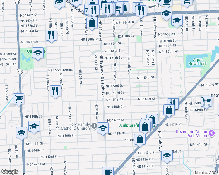 map of restaurants, bars, coffee shops, grocery stores, and more near 1231 Northeast 152nd Street in North Miami Beach