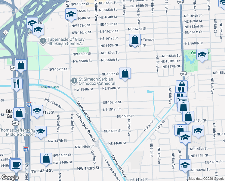 map of restaurants, bars, coffee shops, grocery stores, and more near 15300 Northeast 1st Court in Miami