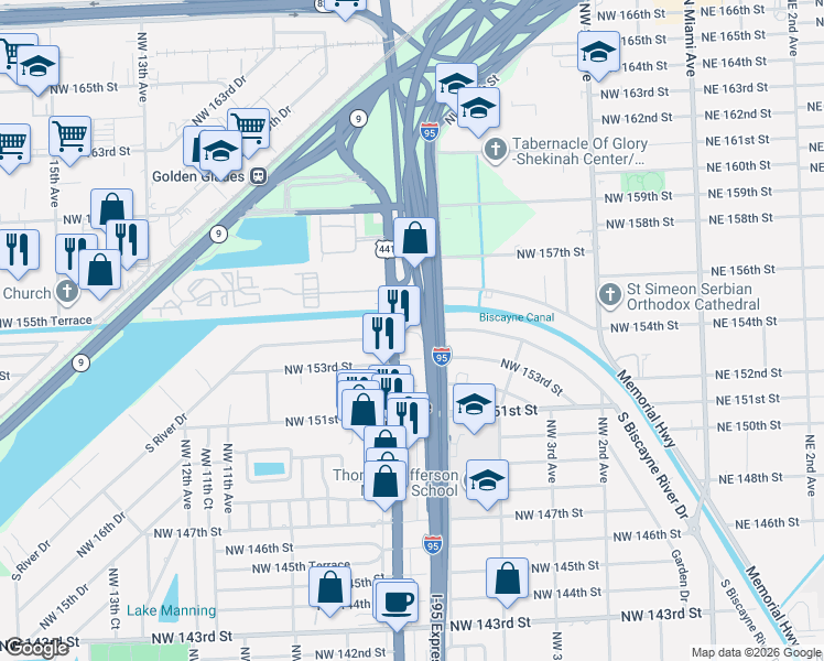 map of restaurants, bars, coffee shops, grocery stores, and more near in Golden Glades