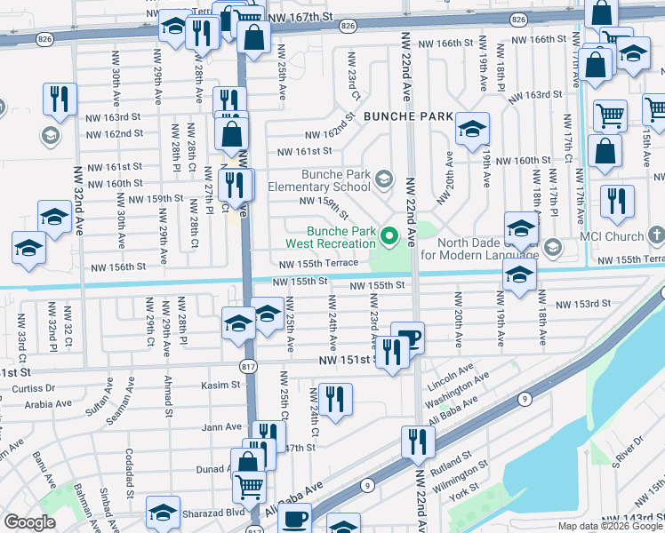 map of restaurants, bars, coffee shops, grocery stores, and more near 2355 Northwest 155th Street in Opa-locka