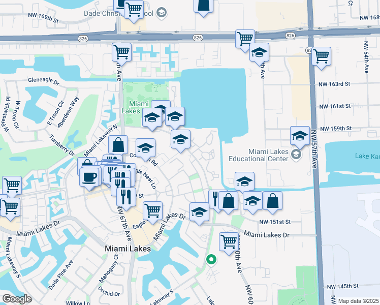 map of restaurants, bars, coffee shops, grocery stores, and more near 15650 Miami Lakeway North in Miami Lakes