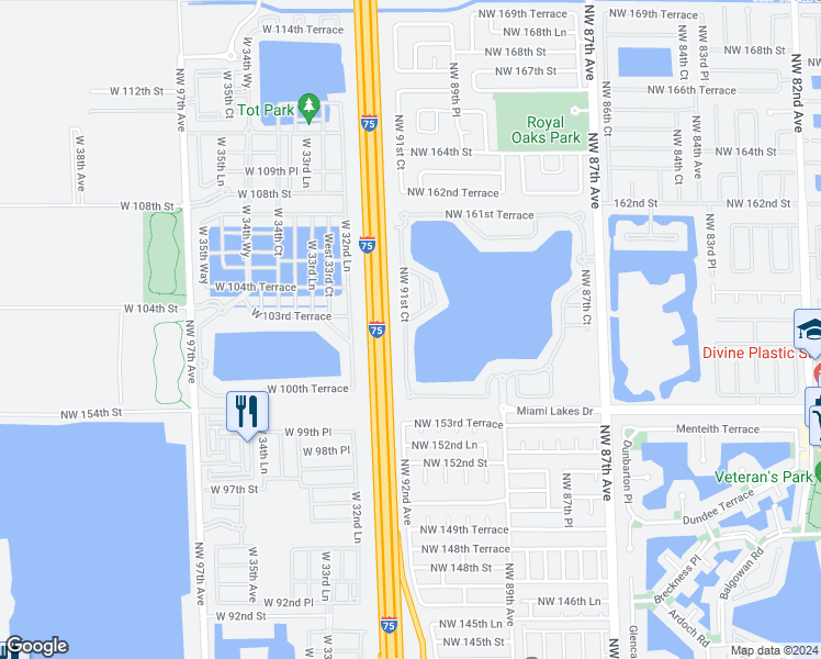 map of restaurants, bars, coffee shops, grocery stores, and more near 15775 Northwest 91st Court in Miami Lakes