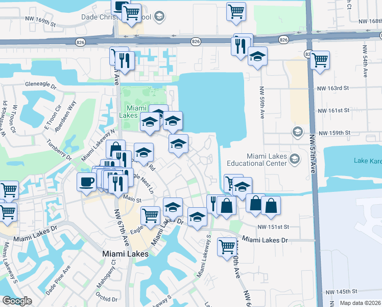 map of restaurants, bars, coffee shops, grocery stores, and more near 15555 Miami Lakeway North in Hialeah