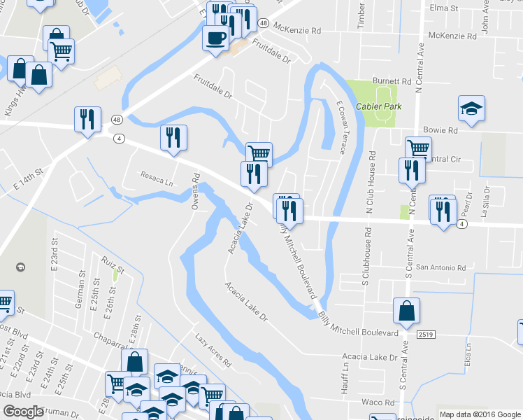 map of restaurants, bars, coffee shops, grocery stores, and more near 214 Billy Mitchell Boulevard in Brownsville