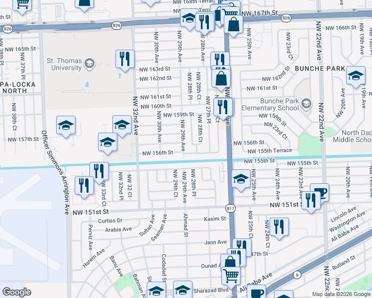 map of restaurants, bars, coffee shops, grocery stores, and more near 2901 Northwest 157th Street in Opa-locka