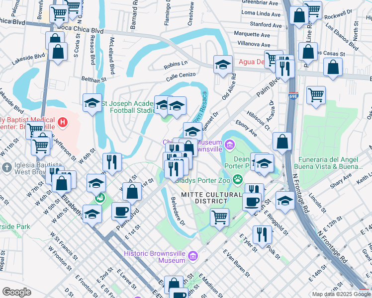map of restaurants, bars, coffee shops, grocery stores, and more near 1439 Palm Boulevard in Brownsville