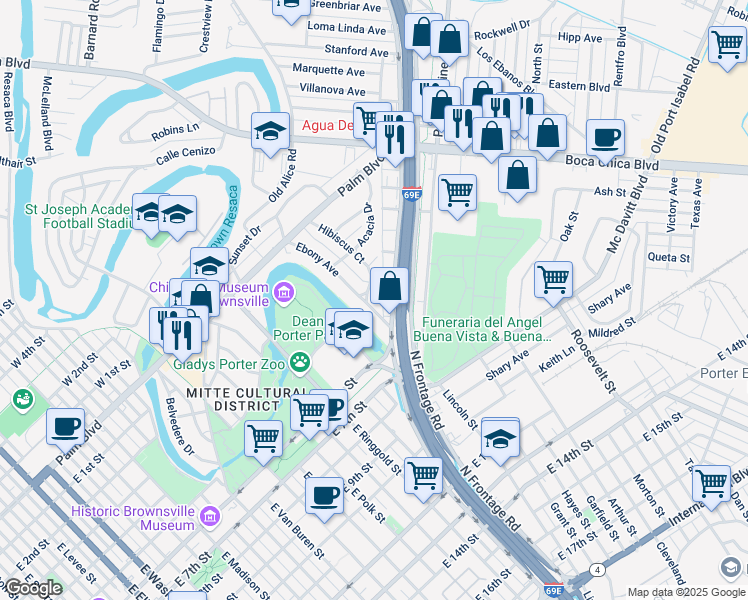map of restaurants, bars, coffee shops, grocery stores, and more near 224 Hibiscus Ct in Brownsville