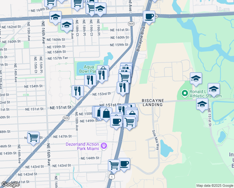 map of restaurants, bars, coffee shops, grocery stores, and more near 2035 Northeast 153rd Street in North Miami Beach