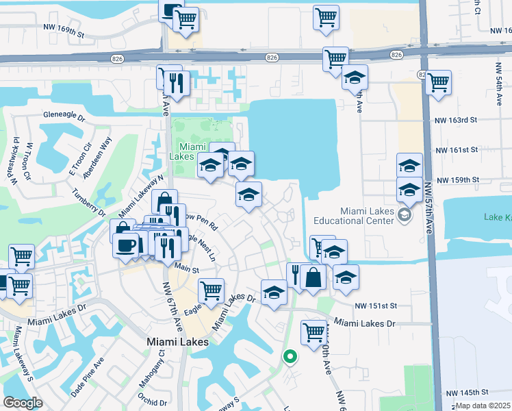 map of restaurants, bars, coffee shops, grocery stores, and more near 15529 Miami Lakeway North in Miami Lakes
