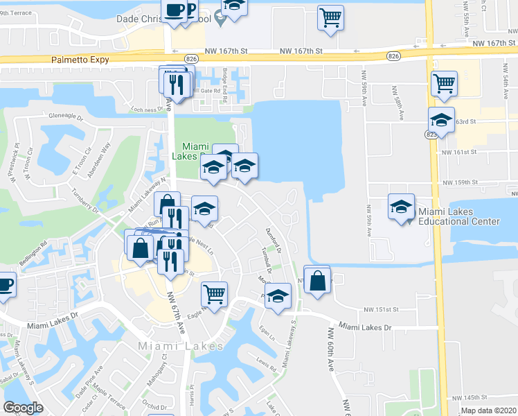 map of restaurants, bars, coffee shops, grocery stores, and more near 15529 Miami Lakeway North in Miami Lakes