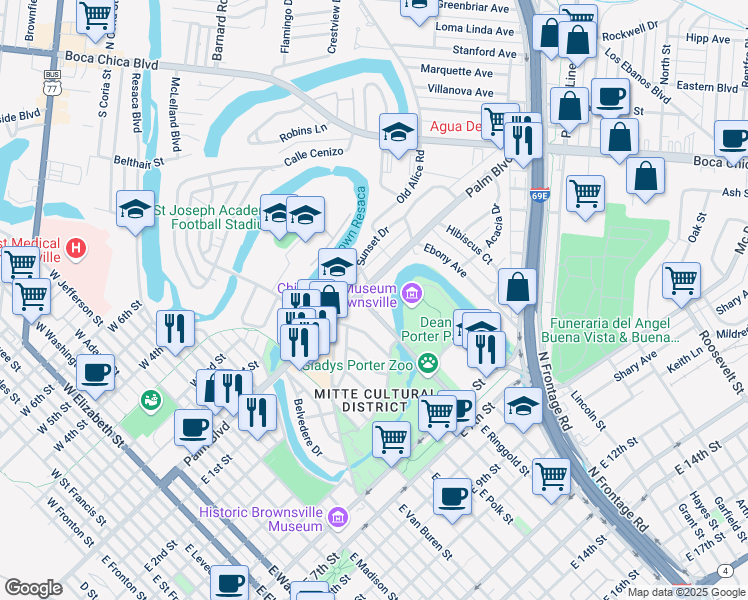map of restaurants, bars, coffee shops, grocery stores, and more near 1824-1830 Palm Boulevard in Brownsville