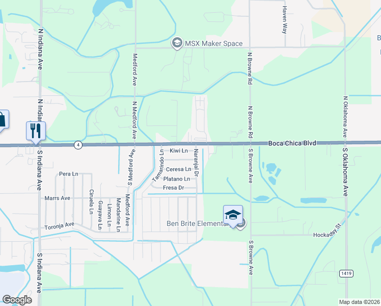 map of restaurants, bars, coffee shops, grocery stores, and more near 8828-8838 Boca Chica Blvd in Brownsville