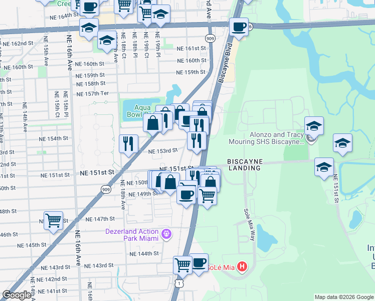 map of restaurants, bars, coffee shops, grocery stores, and more near 2035 Northeast 153rd Street in North Miami Beach