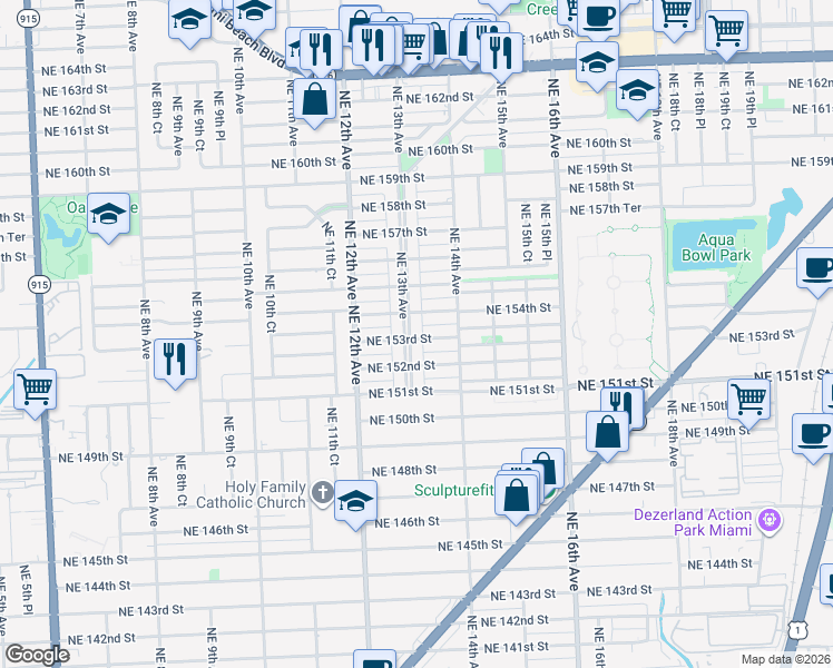 map of restaurants, bars, coffee shops, grocery stores, and more near 15375 Northeast 13th Avenue in North Miami Beach