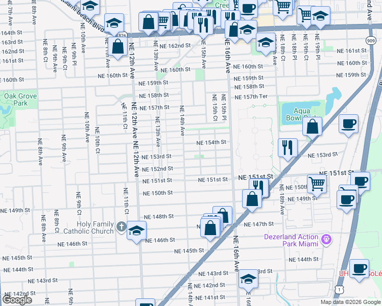 map of restaurants, bars, coffee shops, grocery stores, and more near in North Miami Beach
