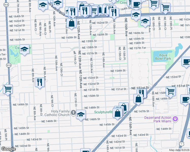 map of restaurants, bars, coffee shops, grocery stores, and more near 15375 Northeast 13th Avenue in North Miami Beach