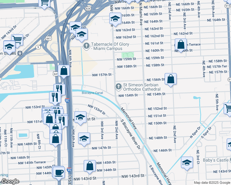 map of restaurants, bars, coffee shops, grocery stores, and more near 15525 Northwest 2nd Avenue in Miami