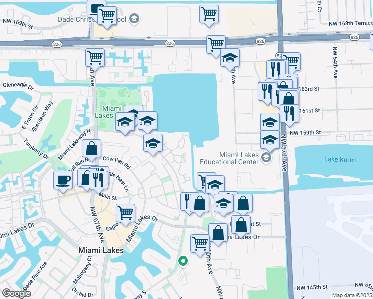 map of restaurants, bars, coffee shops, grocery stores, and more near 15535 Miami Lakeway North in Miami Lakes