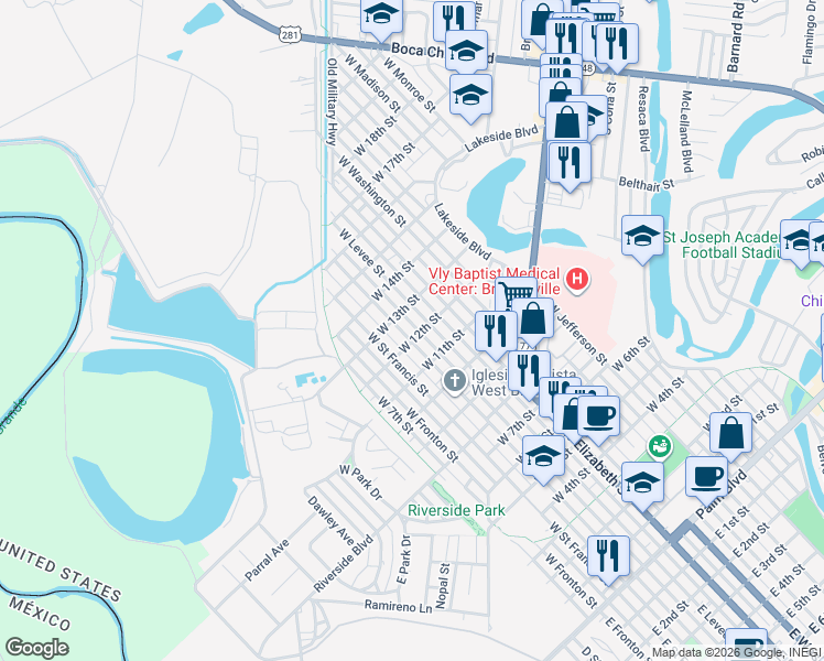 map of restaurants, bars, coffee shops, grocery stores, and more near 1215 West Levee Street in Brownsville