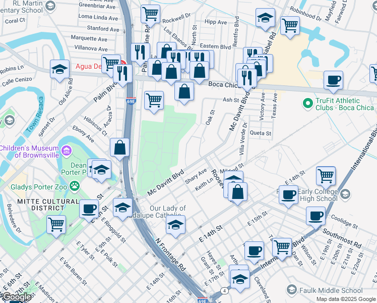 map of restaurants, bars, coffee shops, grocery stores, and more near 250 Ash Street in Brownsville