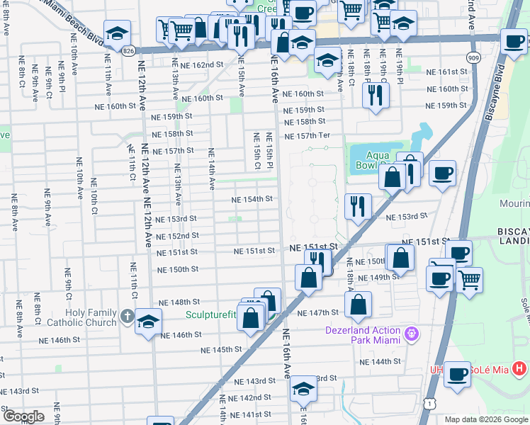map of restaurants, bars, coffee shops, grocery stores, and more near 1535 Northeast 153rd Terrace in North Miami Beach