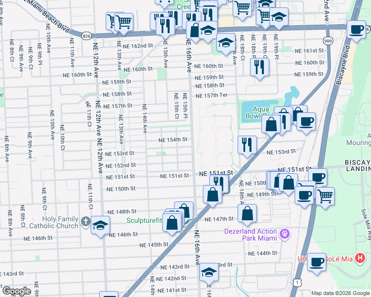 map of restaurants, bars, coffee shops, grocery stores, and more near 15350 Northeast 16th Avenue in North Miami Beach