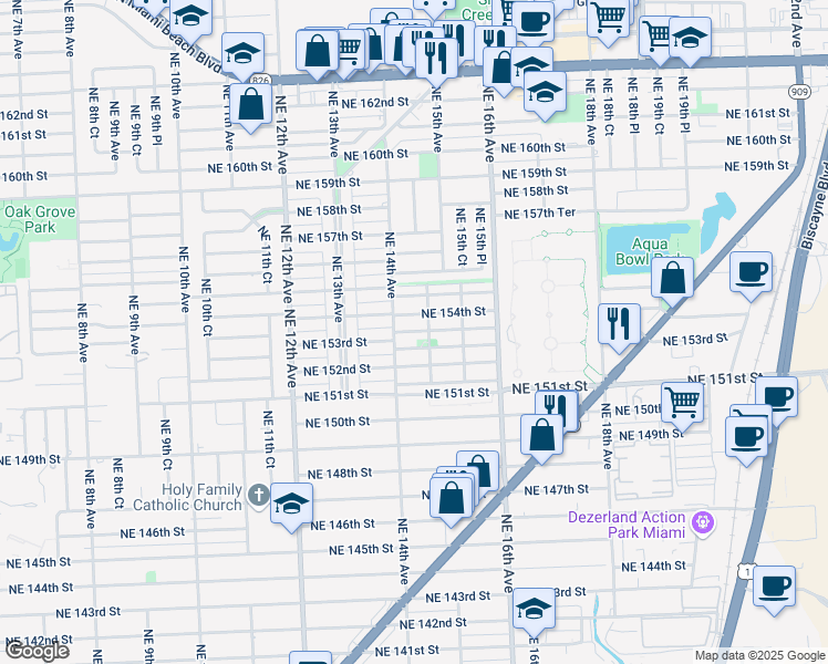 map of restaurants, bars, coffee shops, grocery stores, and more near in North Miami Beach