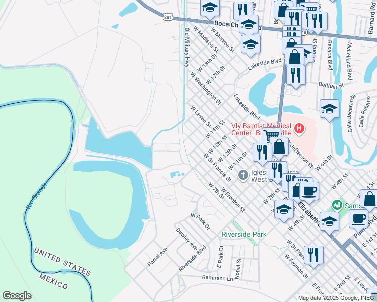 map of restaurants, bars, coffee shops, grocery stores, and more near 1405 West Saint Francis Street in Brownsville